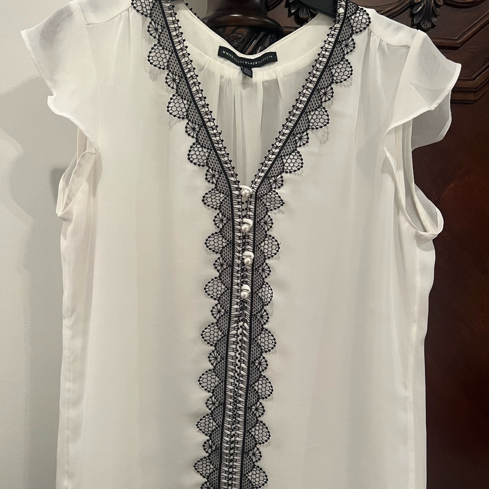 White House Black Market Ivory Blouse with Black Lace Trim